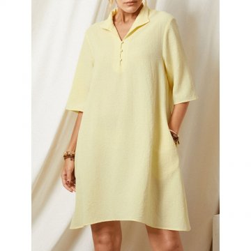 Solid Color Lapel Pocket Half Sleeve Casual Dress For Women