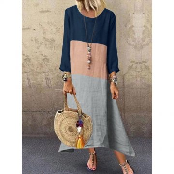 Casual Patch Crew Neck Long Sleeve Overhead Dress