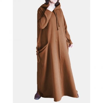 Solid Color Loose Hooded Maxi Dress With Pocket