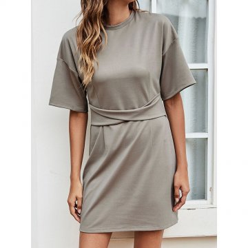 Solid Color Short Sleeve O-neck Casual Dress for Women